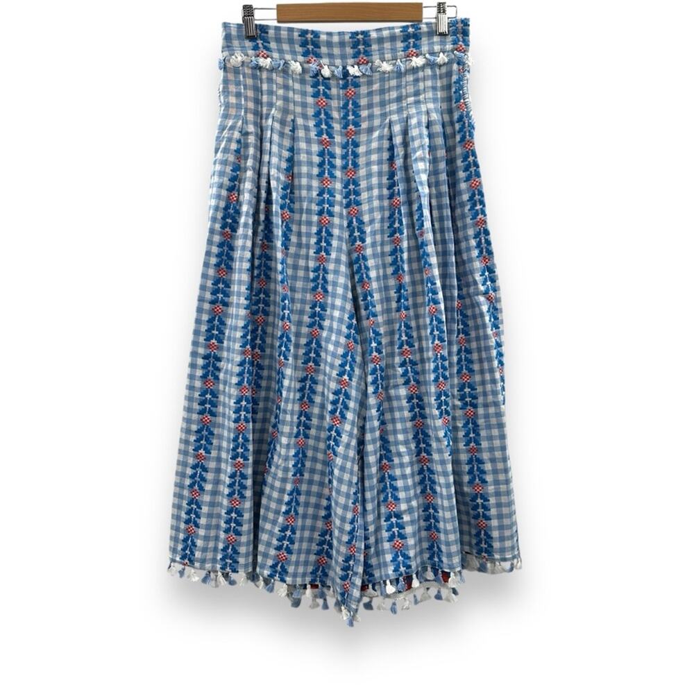 DoDo Bar Or Fernanda Wide Leg Gingham Embroidered Tassel High Rise Pants Sz L